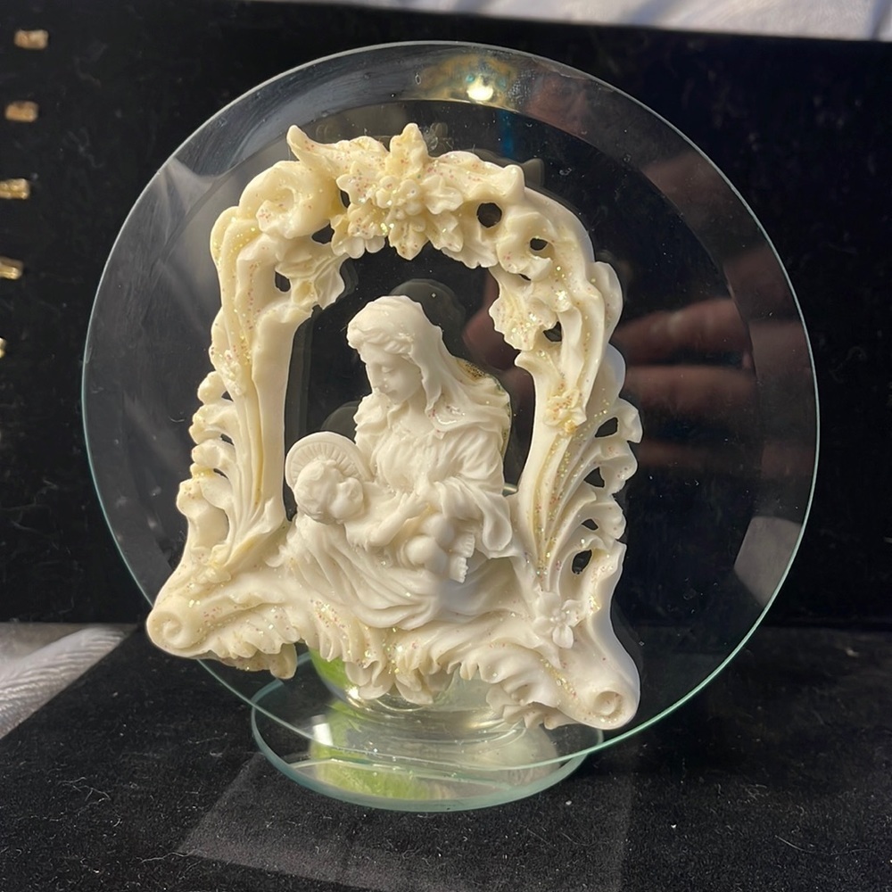 Madonna and Child Votive/Tea light Glass w/ Mirror Base (some candle residue)